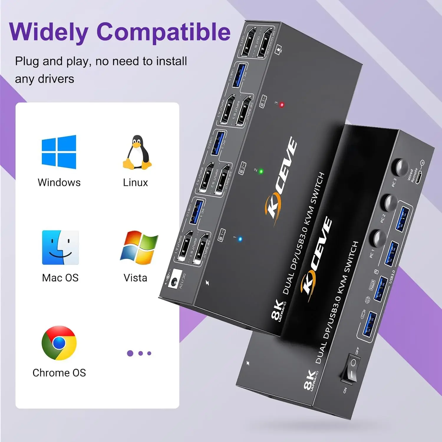 Conmutador KVM 8K 2 monitores 3 computadora, monitores duales KCEVE 4K USB 3,0 Displayport HDMI KVM Switcher para 3 PC Share teclado ratón