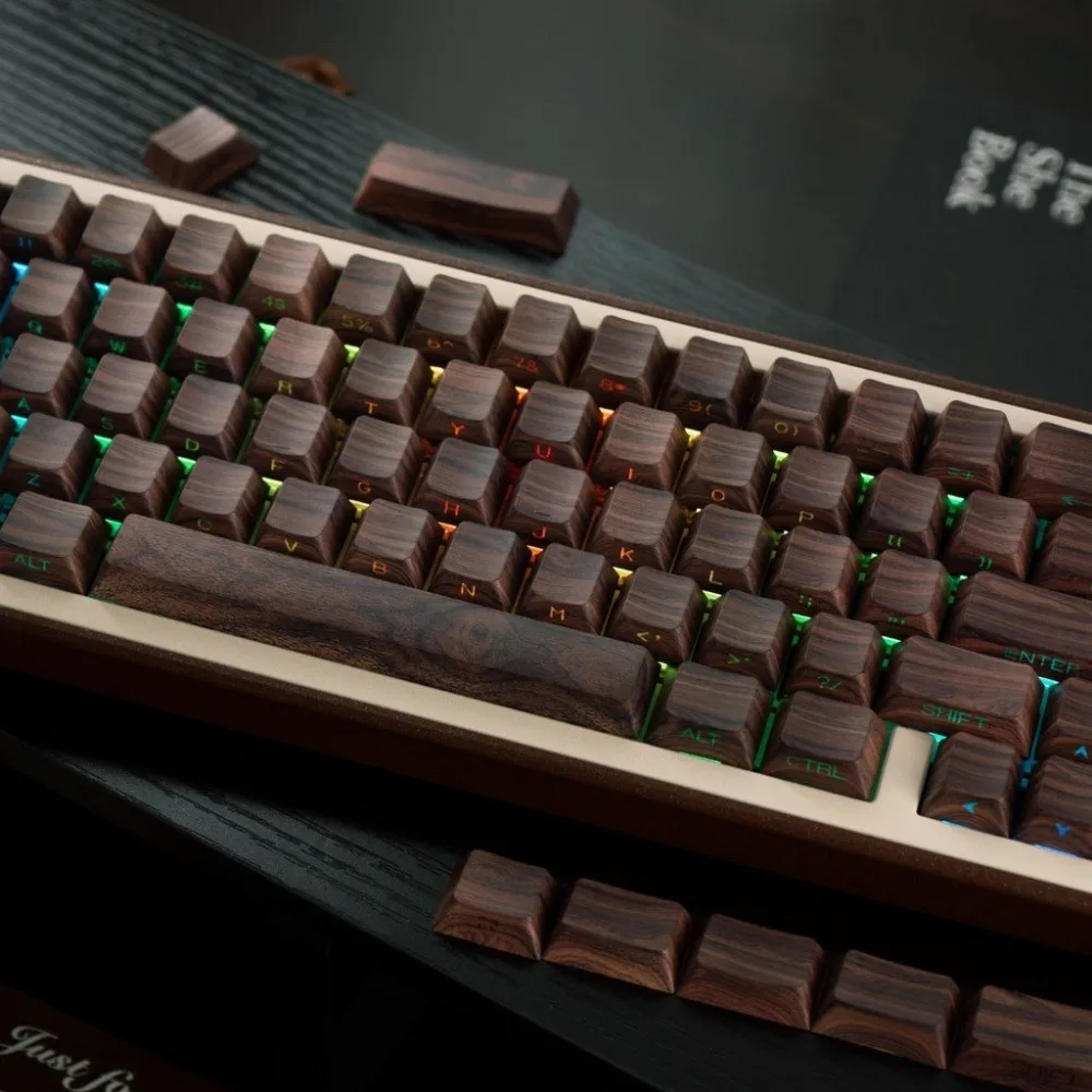 (No madera auténtica) Teclas de madera de imitación de nogal con estampado lateral de cereza que brilla a través de teclas de Material PBT para tapas de teclado mecánico - imagen 5