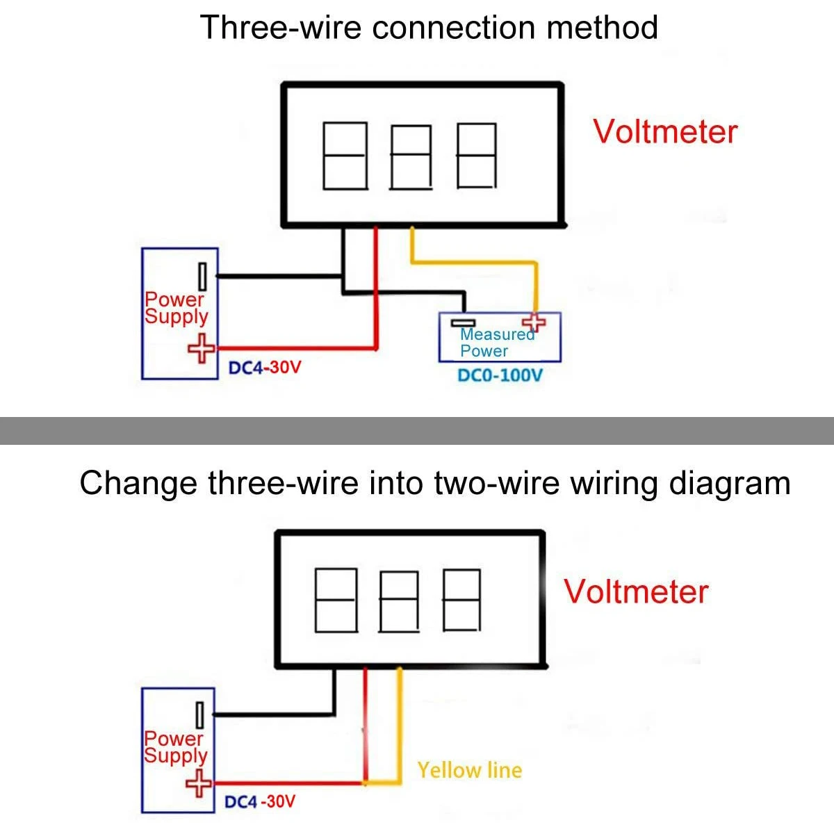 4 Uds Mini voltímetro Digital 0,28 pulgadas tres líneas 0-100V voltímetro Digital probador de calibre voltímetro de Panel de pantalla LED - imagen 5