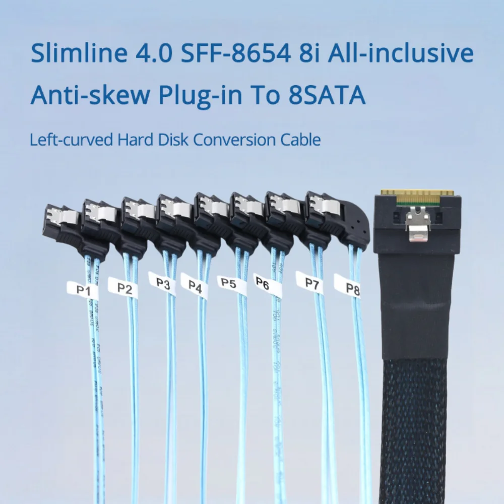 Slimline 4.0 SFF-8654 8i Cable de conversión de disco duro totalmente incluido enchufable a 8SATA curvo a la izquierda Longitud opcional 0,5 M 1 M