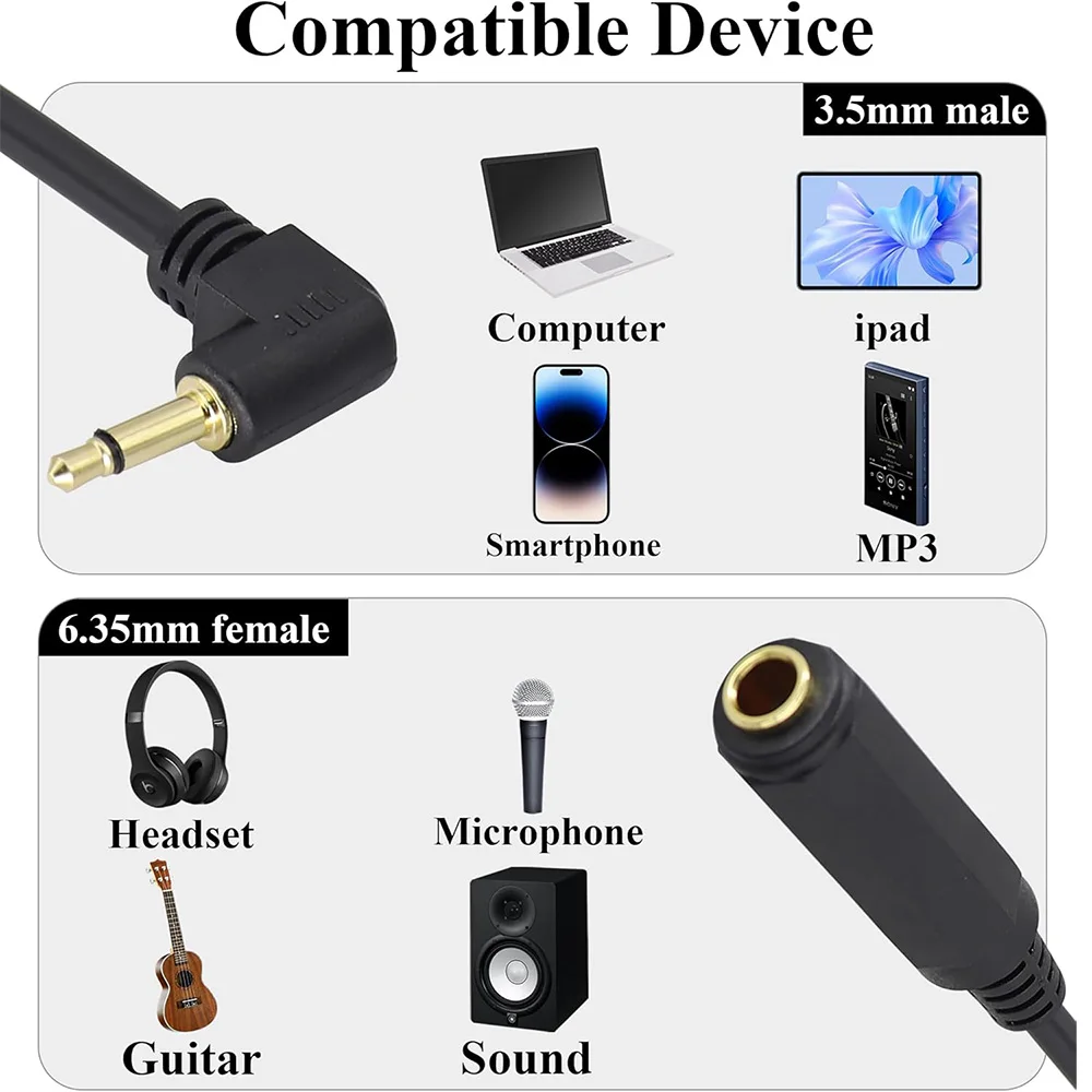 Ángulo recto chapado en oro TS 3,5mm Mono Audio 1/8 "macho a 6,35mm 1/4 pulgadas hembra Mono Cable convertidor amplificador altavoz guitarra - imagen 5