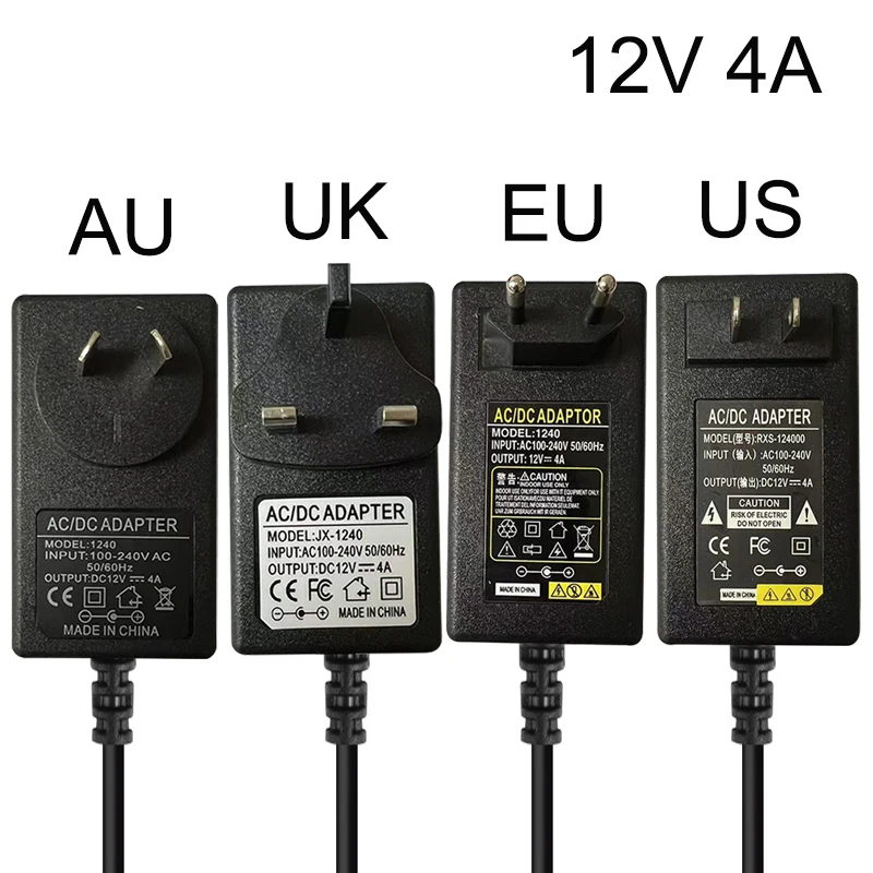 Adaptador de fuente de alimentación de potencia completa, 12V, 4A, US, UE, AU, Reino Unido, convertidor de CA/CC, 100-240V CA a CC, 12V, 48W, 4000mA, cargador para LED CCTV