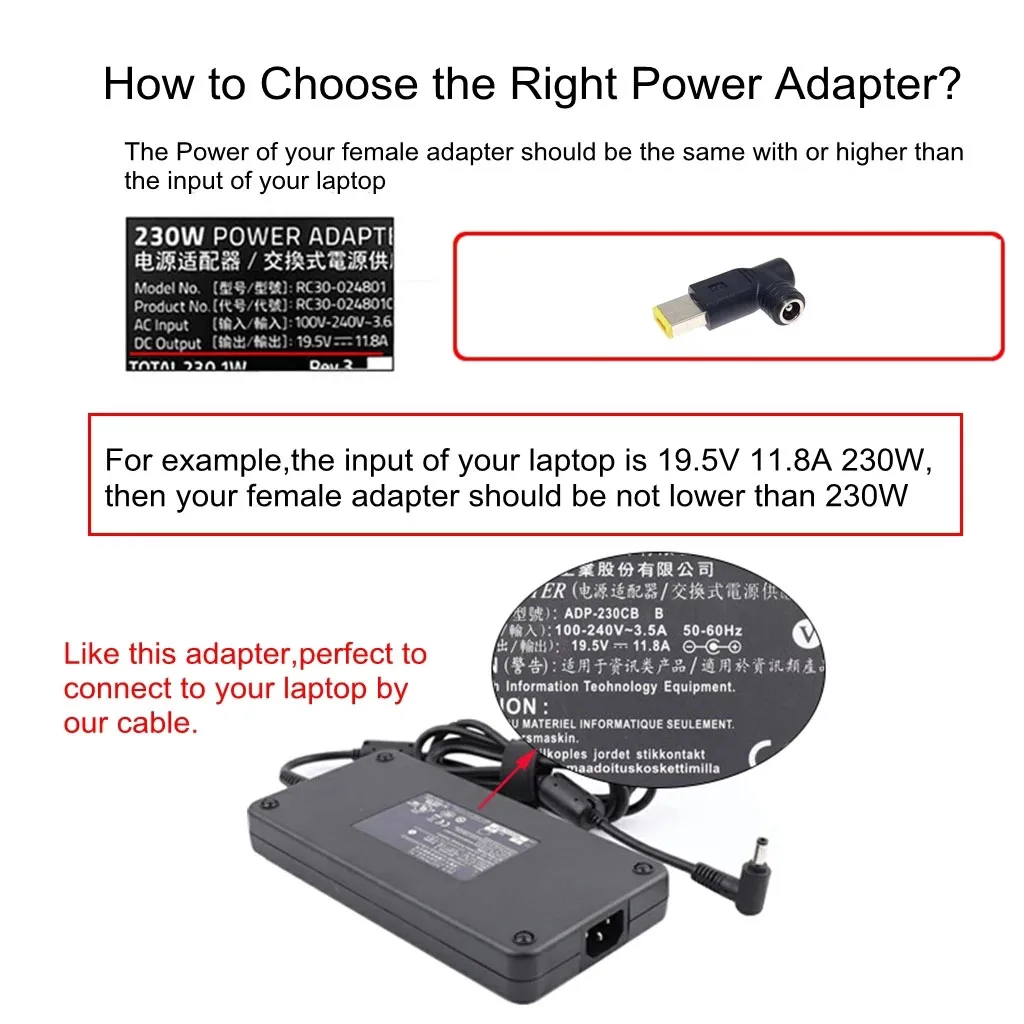 5.5*2.5mm to Square Plug DC Power Adapter Converter 240W Laptop Charger Connector for Lenovo ThinkPad Y7000 R7000 R9000 - imagen 2