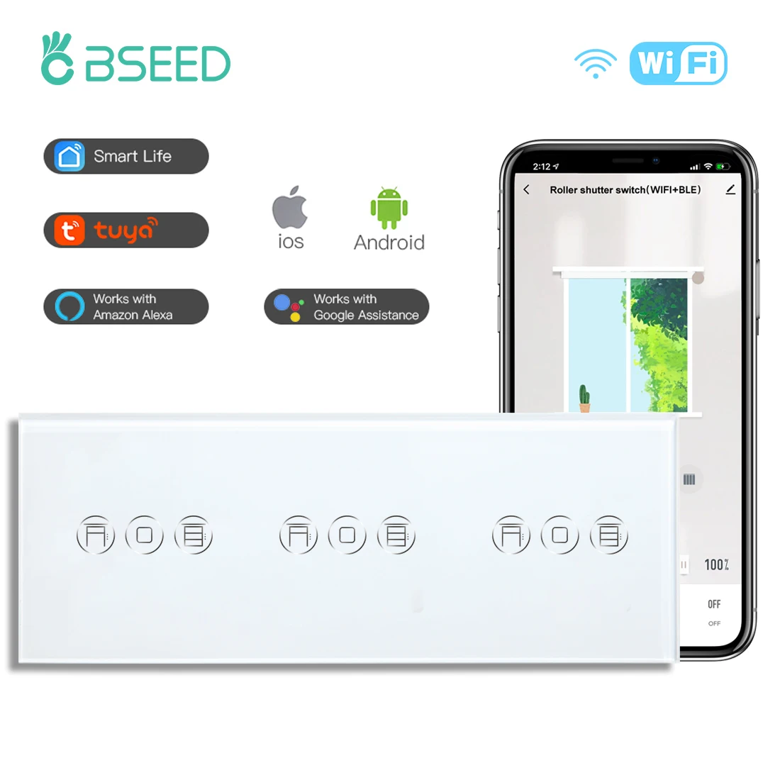 BSEED-interruptor de persiana enrollable Wifi, Triple interruptor ciego inteligente, interruptores táctiles de pared, aplicación Smart Life Tuya Alexa, Control por voz - imagen 2
