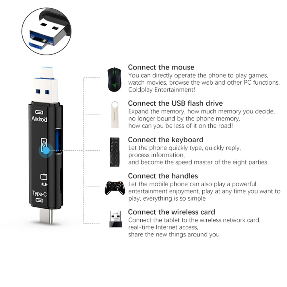 Lector de tarjetas OTG 5 en 1, USB Micro multifunción, unidad Flash de memoria SD TF para Macbook, Android, teléfono, ordenador, adaptador tipo C - imagen 5