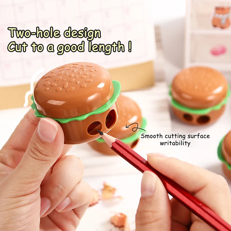 Sacapuntas con forma de hamburguesa de dibujos animados creativos, herramientas de corte de lápiz con agujeros dobles, suministros escolares, regalos de papelería para estudiantes - imagen 2