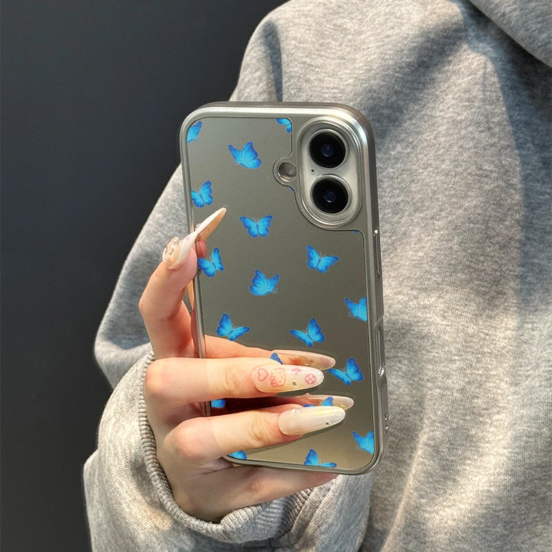 Ins lleno de mariposas azules borde plateado epoxi TPU caja de teléfono anticaída para iPhone XR/11/12/13/14/15/16/17 Pro Max - imagen 5