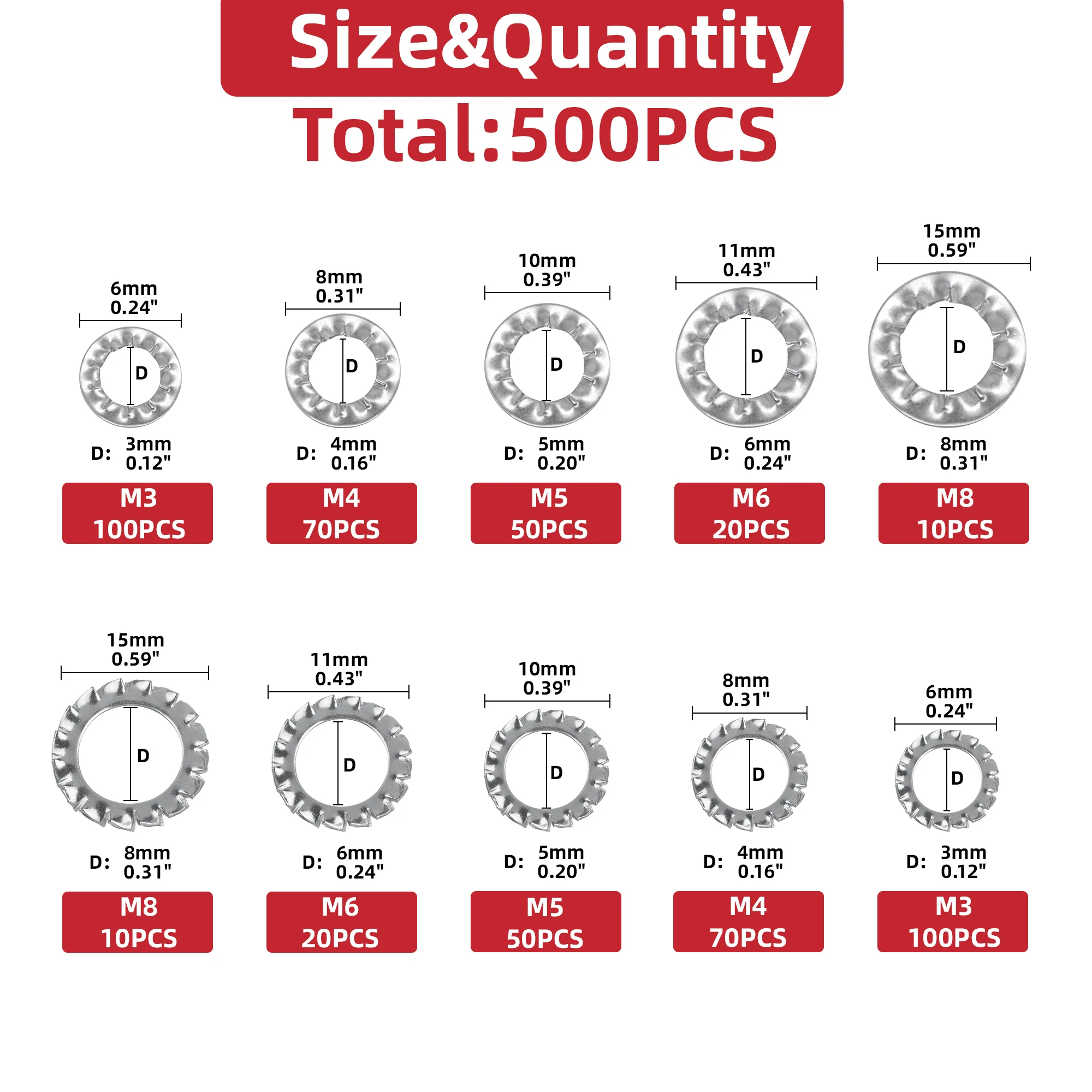 500 unids/caja mezcla M3 M4 M5 M6 M8 juego surtido de juntas de arandela de bloqueo dentada interna externa 304 A2-70 de acero inoxidable - imagen 2
