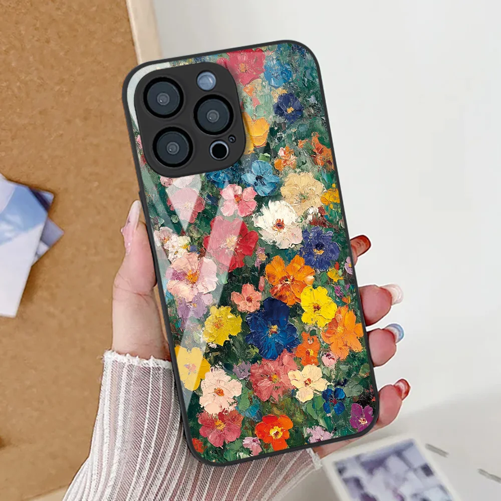 Funda de teléfono con hojas de flores para iPhone 17 Pro, funda de vidrio templado para iPhone 14 13 11 15 12 16 Pro Max 17 Air 16E SE 7 8 Plus XR - imagen 2