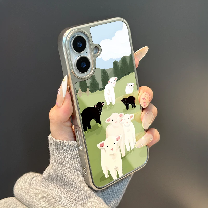 Funda de teléfono anticaída de TPU epoxi con borde plateado de ovejas blancas y ovejas negras para iPhone XR/11/12/13/14/15/16/17 Pro Max