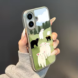 Funda de teléfono anticaída de TPU epoxi con borde plateado de ovejas blancas y ovejas negras para iPhone XR/11/12/13/14/15/16/17 Pro Max