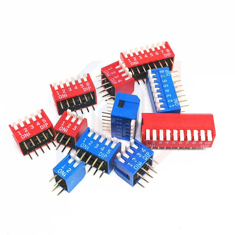 5 unids/lote estilo Piano 2,54mm distancia del pie interruptor Dip de Dial lateral 2P 1/2/3/4/5/6/8P Bit interruptor de enchufe directo rojo/azul - imagen 3