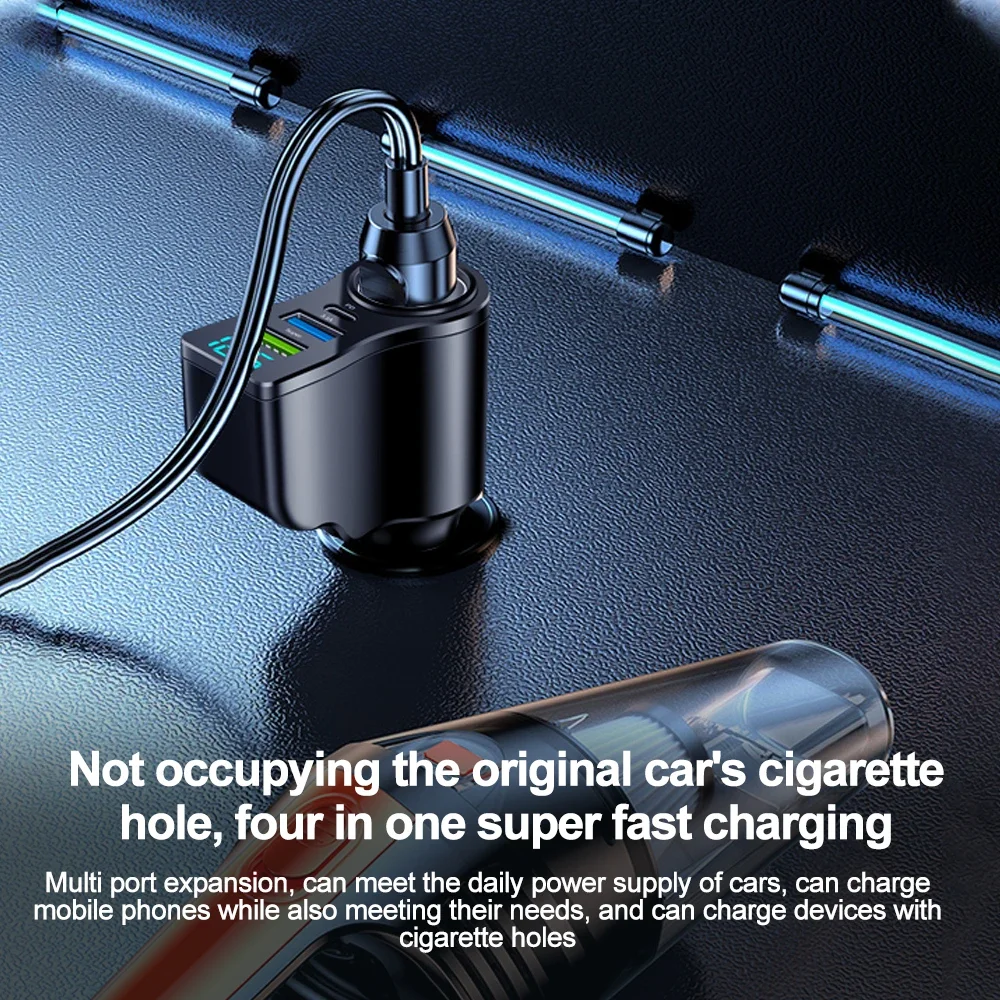 Cargador de coche 4 en 1 de 66W, divisor de enchufe de carga súper rápida, cargador de coche USB tipo C, pantalla Digital de voltaje para iPhone y Huawei - imagen 5