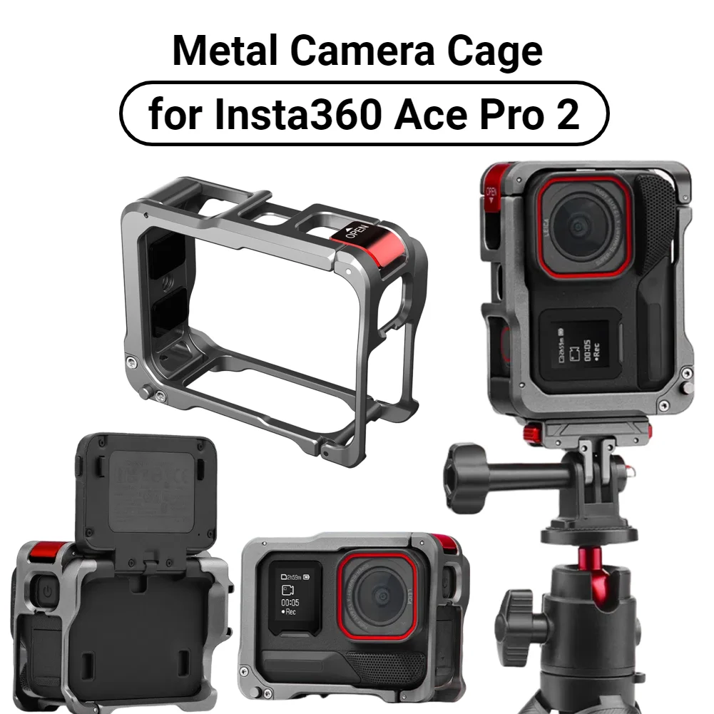 Caja de aluminio con soporte de zapata fría, marco protector de cámara con jaula metálica para cámara Insta360 Ace Pro 2