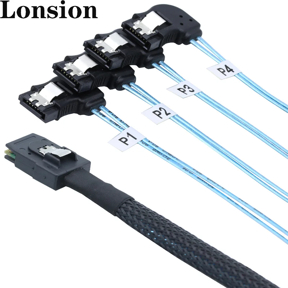 Paquete de cables de servidor de alta velocidad, Mini SAS HD SFF-8087 a 4 SATA 4x, Conector de ángulo izquierdo - imagen 2