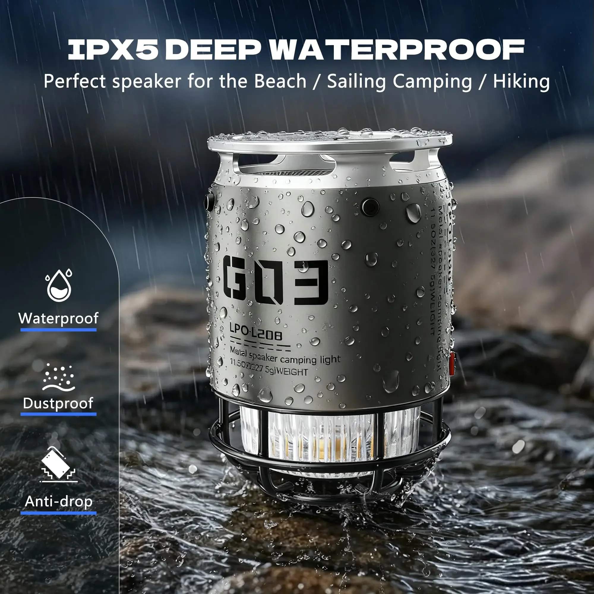 Altavoces Bluetooth de Metal con tarjeta TF, altavoz para exteriores IPX5, lámpara de Camping impermeable, modo de emergencia LED/SOS para fiestas, viajes al aire libre - imagen 4