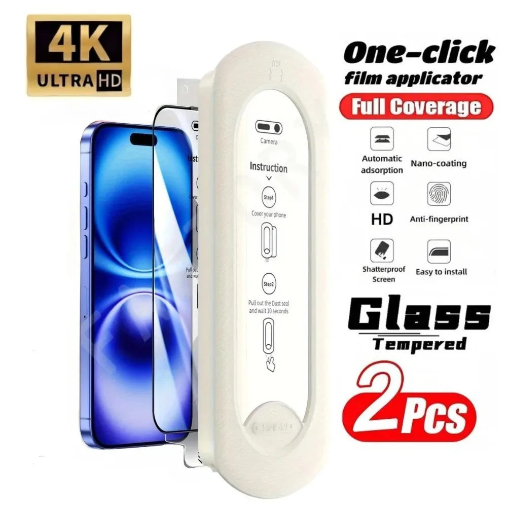 2 uds HD vidrio templado transparente para iPhone 16 15 14 Pro Max 16e 15 14 Plus 13 12 11 Pro XR XS un clic Protector de pantalla sin polvo
