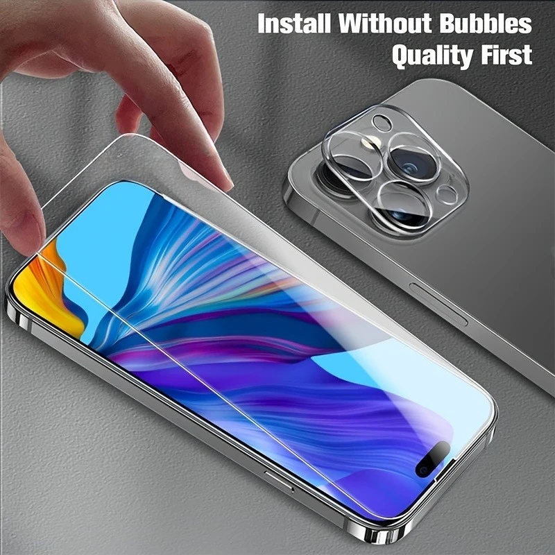 Película protectora de pantalla 4 en 1 9D para IPhone 16, 15, 14, 13, 12, 11 Pro Max, lente de cámara de vidrio templado, protectora resistente a los arañazos - imagen 3