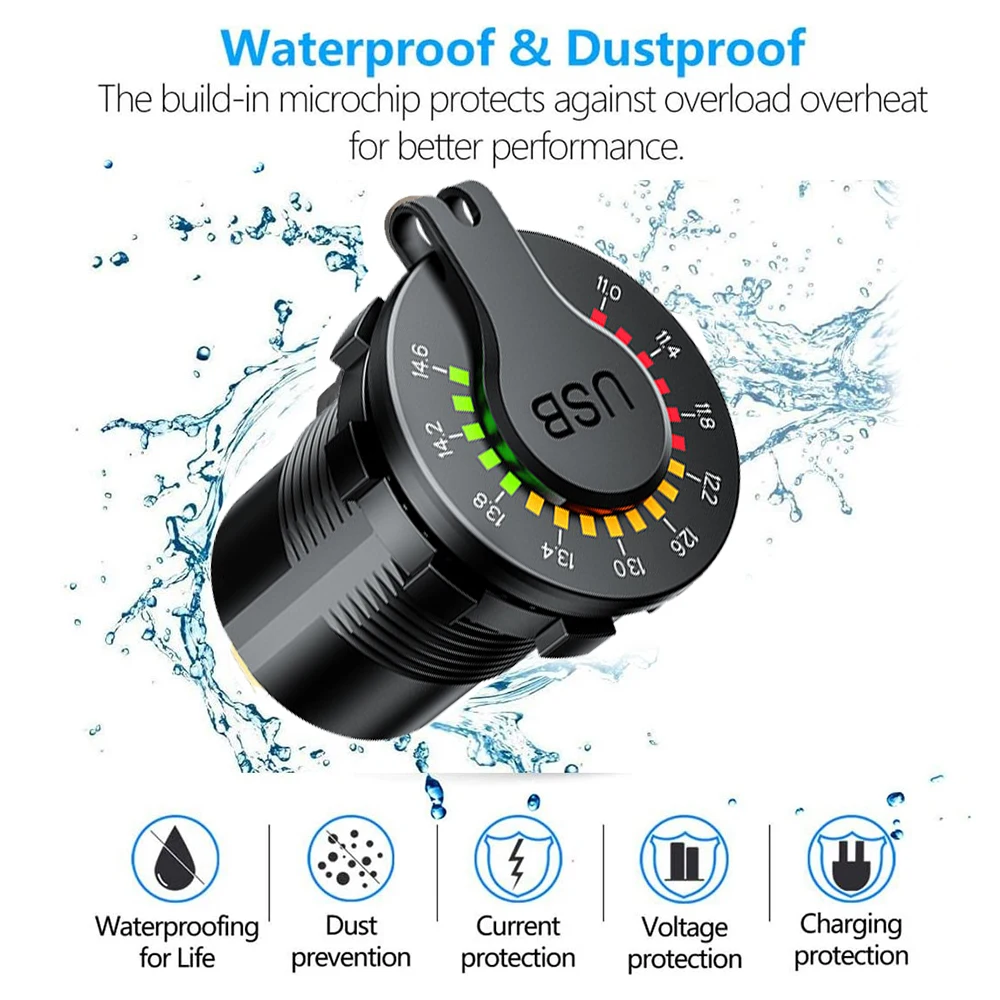 Chargeur de voiture étanche avec voltmètre LED, prise PD de type C, chargeur rapide pour moto, interrupteur marche/arrêt, 45W, 12V, 24V, QC 3.0 - imagen 4