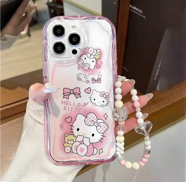 Funda de teléfono con cadena de pulsera de Hello Kitty para IPhone 15 Pro Max 14 11 12 13 Mini XR 6s 6 8 7 Plus X XS SE 2020 2022 cubierta de borde ondulado - imagen 5
