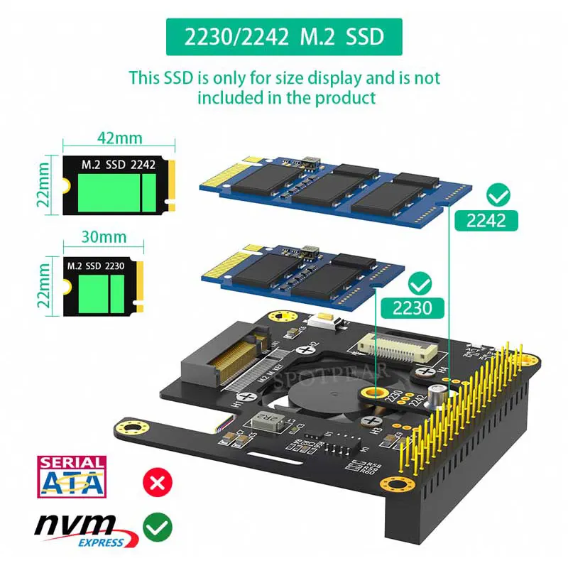 Raspberry Pi 5 PCIe a M.2 NVMe SSD Hat 3 en 1 Gen2 y Gen3 estándar, decoloración automática LED con tamaño de ventilador 2230 2242 - imagen 5