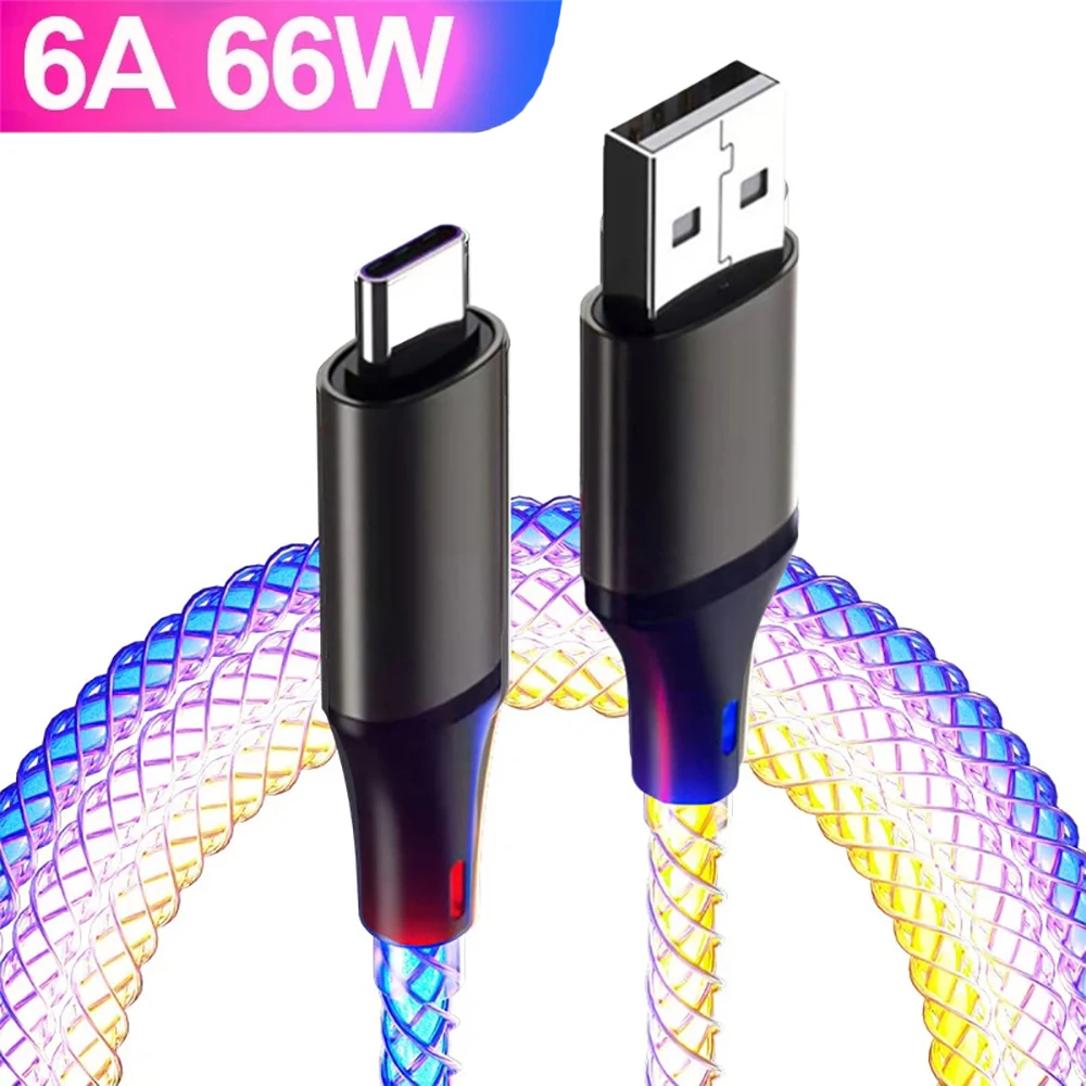 Cable brillante USB C de 6A y 66W, Cable de datos de carga rápida, Cable de transferencia de datos de alta velocidad tipo C a tipo C, Cable de datos de carga rápida