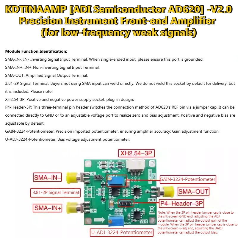 Módulo amplificador AD620, suministro dual, instrumentación, amplificador de microvoltios/millones de precisión, amplificador de alta ganancia KDTINAAMP-017 - imagen 5