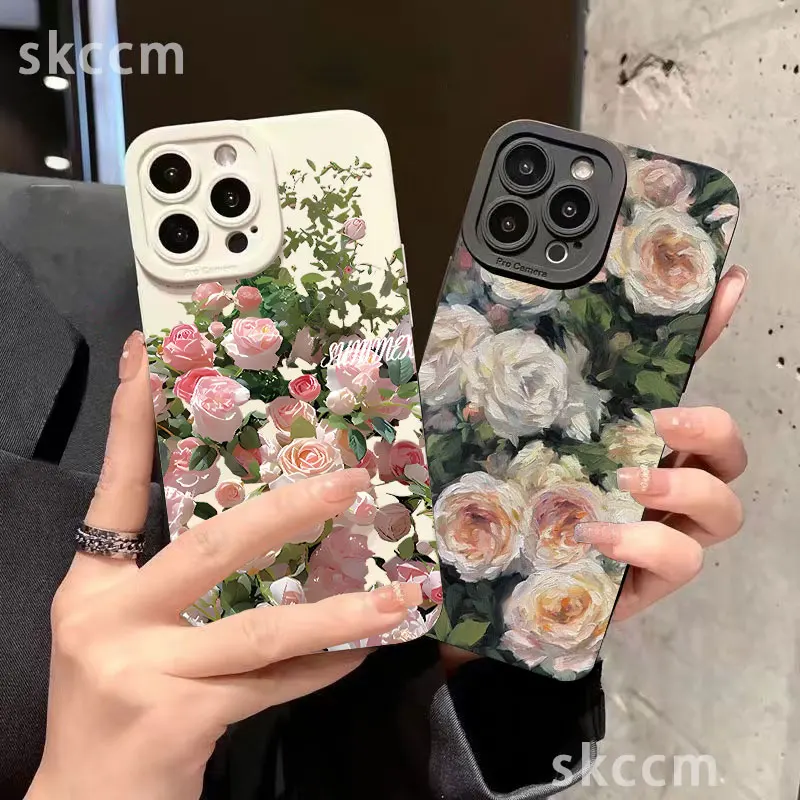 Funda de teléfono rosa con pintura al óleo para iPhone 15 16, funda de silicona suave para iPhone 13 11 12 16 14 Pro Max XR XS X 7 8 Plus SE2