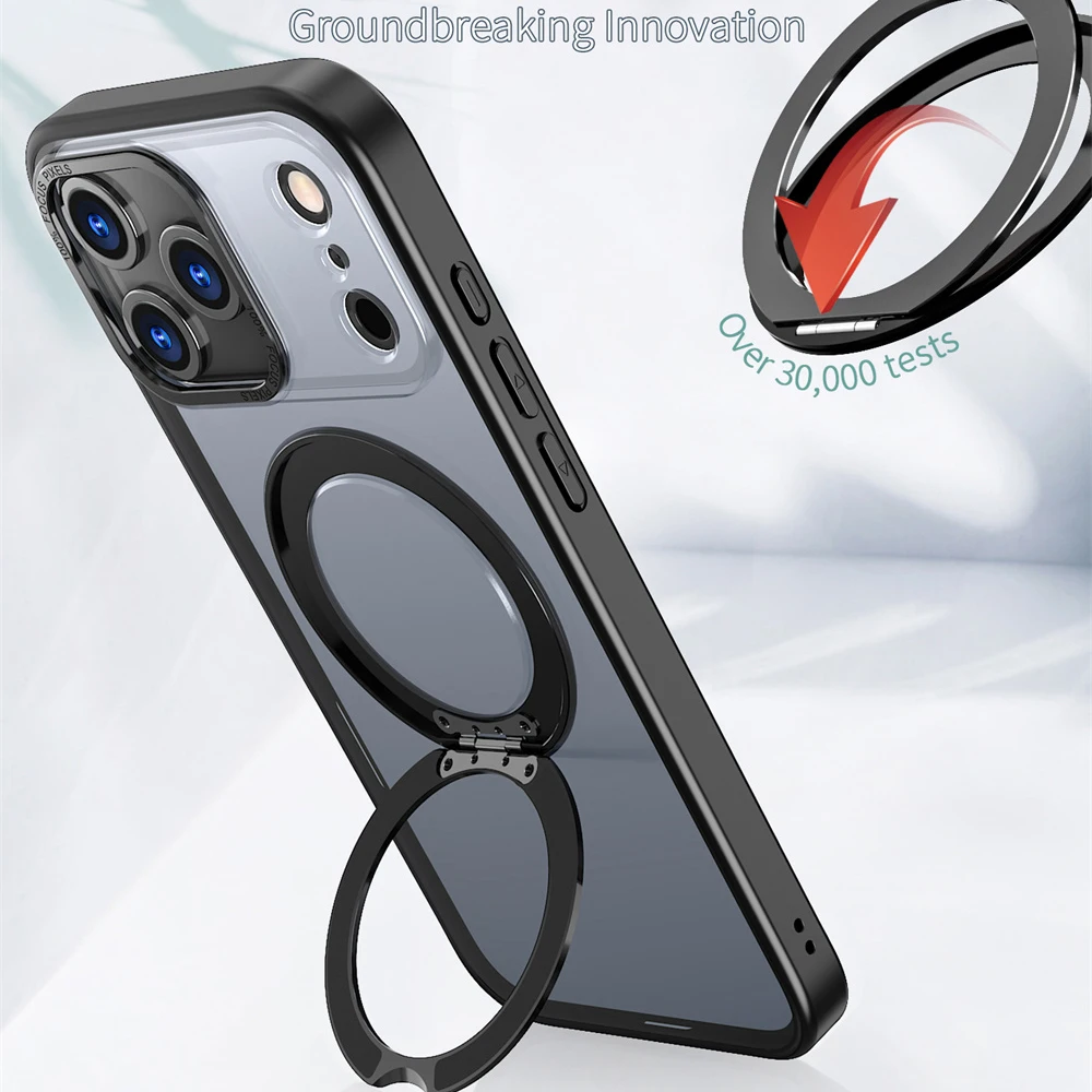 Funda de teléfono con soporte plegable y anillo magnético giratorio de lujo para iPhone 17 Air 15 16 Pro Max 14 13 12 11, Protector de lente, cubierta acrílica transparente - imagen 2