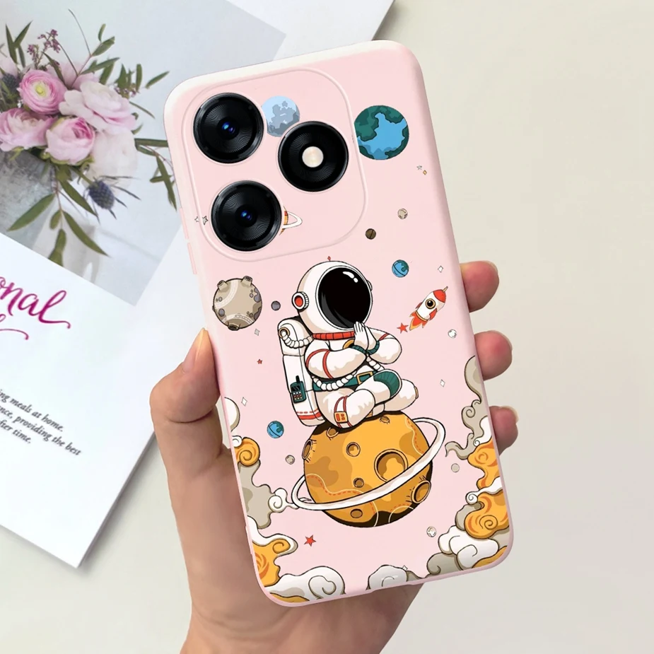 Una caja de teléfono rosa con un tema espacial