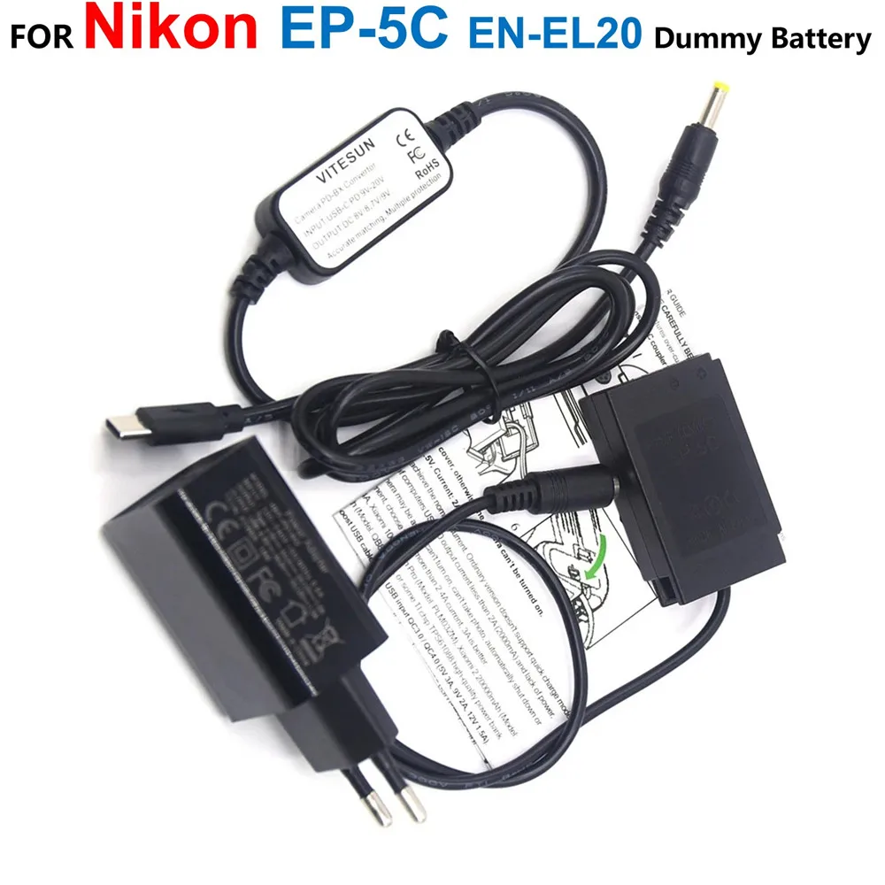 Acoplador de EP-5C EP5C DC, batería ficticia de EN-EL20, Cable de Banco de energía USB tipo C, adaptador de cargador PD para Nikon 1J1 1J2 1J3 1S1 1AW1 V3