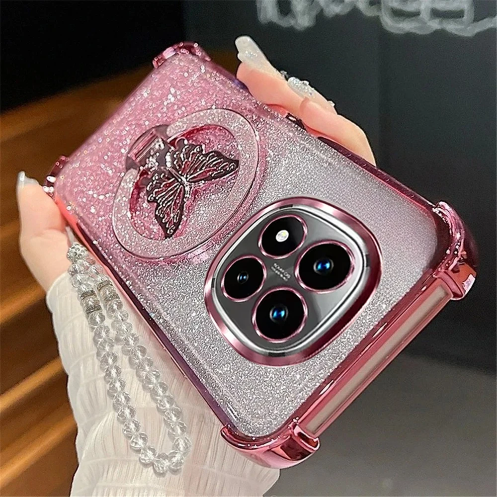 Funda de teléfono con pulsera de cristal y mariposa brillante para Xiaomi Redmi Note 14 Pro Plus 14S 4G 5G Note 15, funda de silicona suave a prueba de golpes - imagen 2