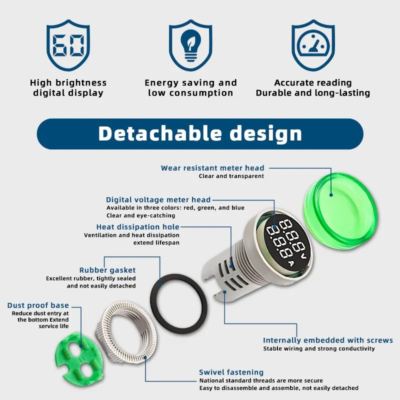 3 uds AC voltímetro amperímetro voltaje Monitor de corriente pantalla LED Digital voltímetro Detector verde azul indicador de señal Panel de luz - imagen 3