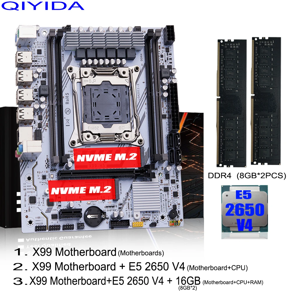 Juego de placa base QIYIDA X99 Xeon LGA2011-3 E5 2650 V4 2 uds * 8gb = 16GB DDR4 RAM USB PCI 3,0 NVME M.2 SATA M-ATX
