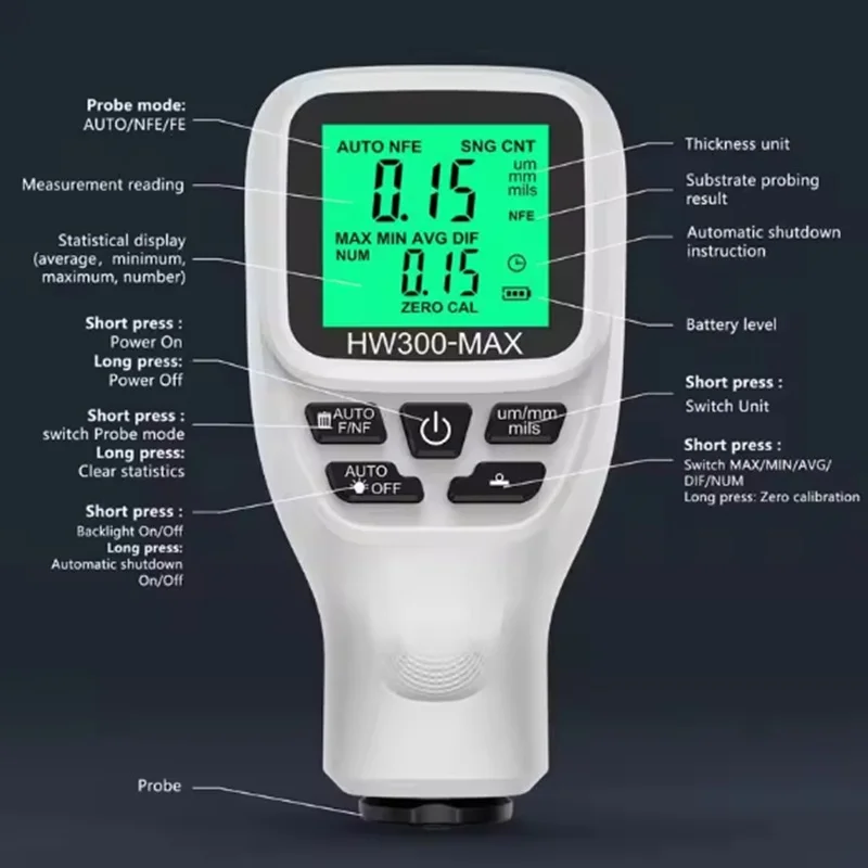 HW300-MAX 0,1 micras/0-2000um medidor de espesor de recubrimiento de coche probador de espesor de película de pintura herramienta de medición medidor de recubrimiento Fe & NFe - imagen 4