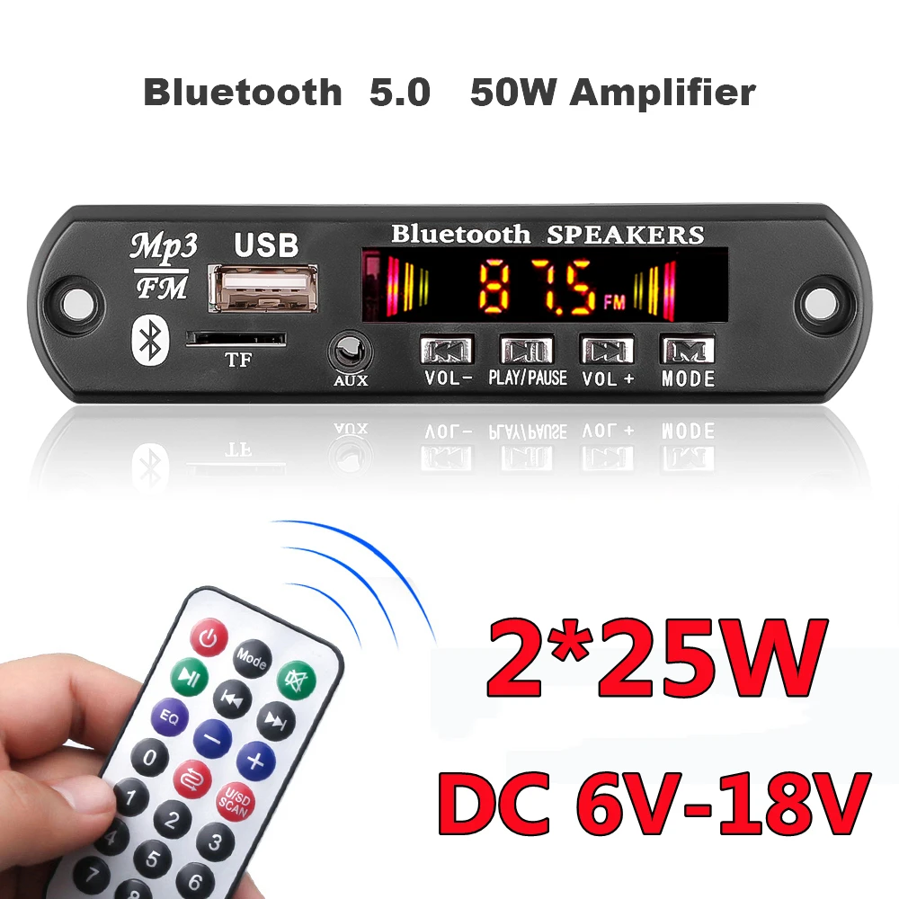 Amplificador estéreo de 2x25W, 12V, 50W, módulo de Radio FM para coche, estéreo, Bluetooth 5,0, reproductor de MP3, placa decodificadora, compatible con grabadoras TF USB AUX