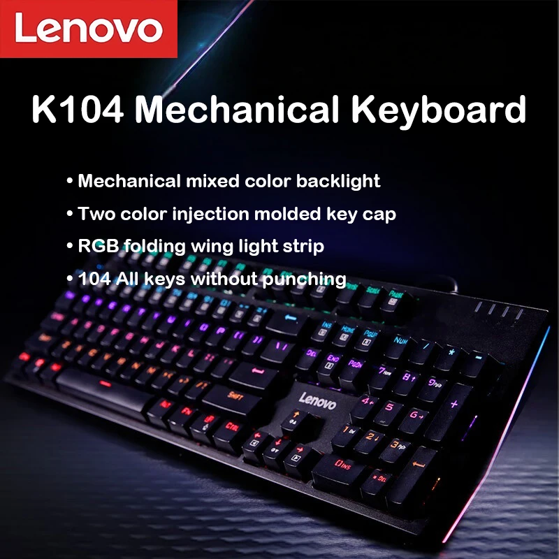 Lenovo K104  Mechanical Keyboard 104 Keys RGB Backlight Effect Office Games Blue Axis/Red Axis Optional  UK Black - imagen 2
