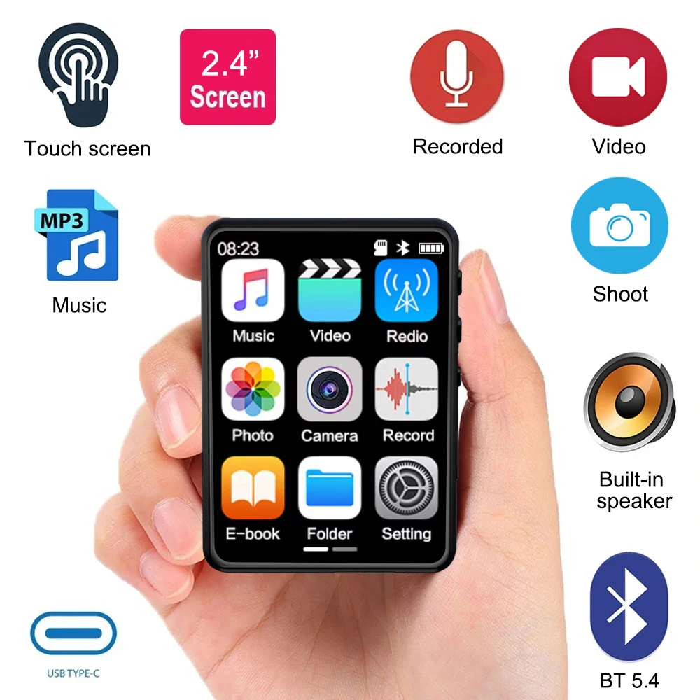 Reproductor MP3 HiFi Bluetooth 5,4, Walkman con pantalla táctil de 2,4 pulgadas con cámara, puede tomar fotografías con altavoz/FM/grabadora/eBooks