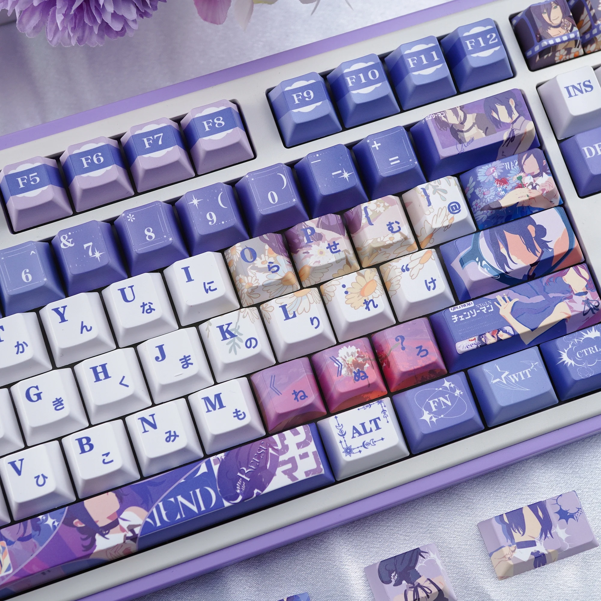 Reze Keycaps Cherry MOA perfil motosierra hombre tema Anime personaje Keycap PBT sublimación púrpura personalizado tapas de teclado mecánico - imagen 4
