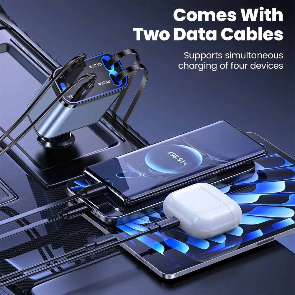 Cargador de coche 4 en 1 120W 180 ° Cable retráctil tipo C del adaptador Starlight del cargador de coche de carga rápida giratoria para iPhone 15 16 Samsung - imagen 4