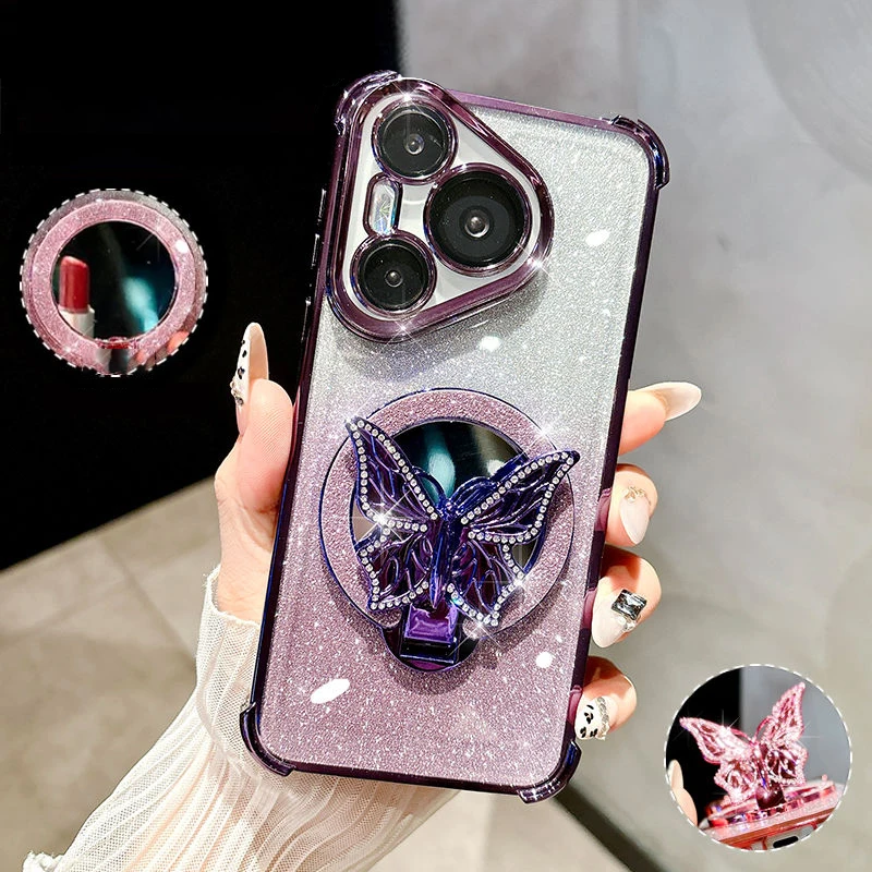 Funda de teléfono con soporte de espejo con purpurina de mariposa para Huawei Nova 13 Pro 12 11 10 9 8 7 6 5 Pro SE, funda de silicona suave con soporte a prueba de golpes - imagen 5