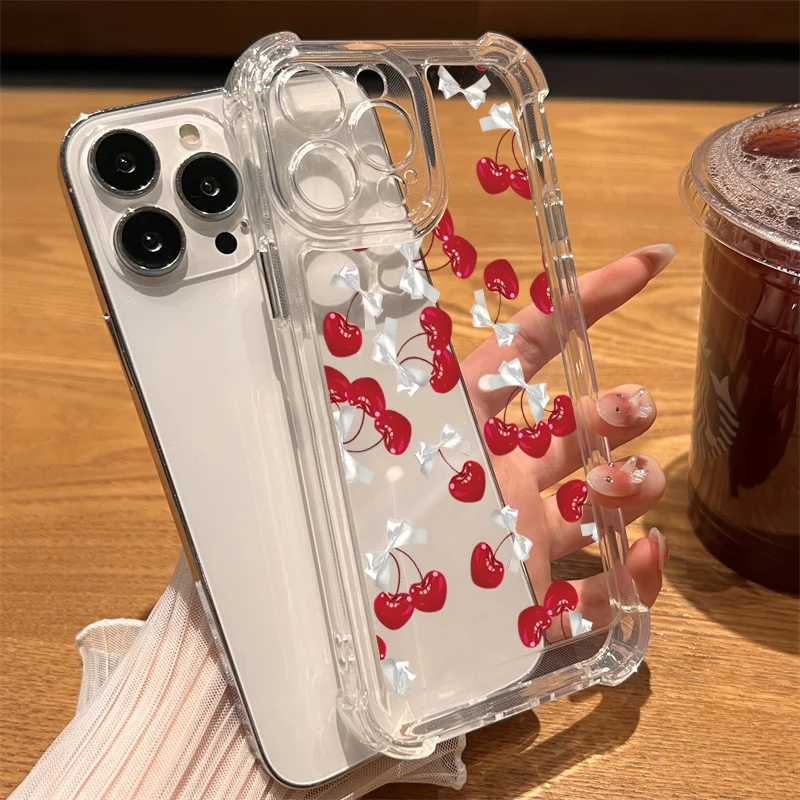 Funda de teléfono transparente con bonito lazo de cereza para iPhone 16 15 14 13 12 11 Pro Max 7 8 16 15 Plus X XR XS Max, funda suave transparente de silicona - imagen 2