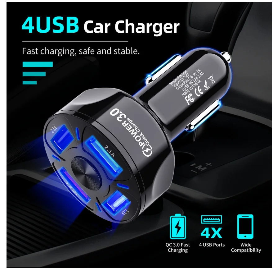 Cargador de coche QC3.0 de 4 puertos, carga rápida, carga rápida, USB de 35W, adaptador de encendedor de cigarrillos para iPhone y Samsung