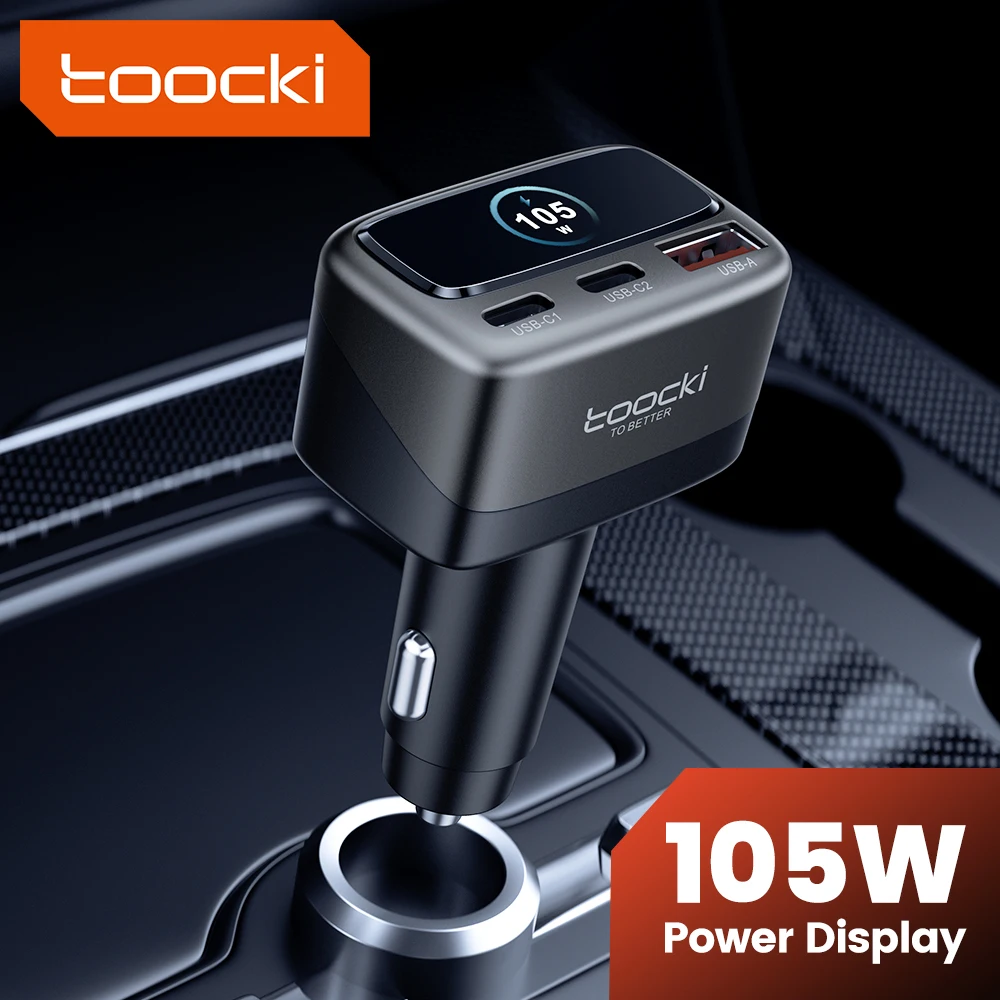 Toocki 105W cargador de coche 3 en 1 PPS PD45W 30W carga rápida pantalla TFT tipo C cargador de teléfono de coche para iPhone 17 16 Samsung S23 S24