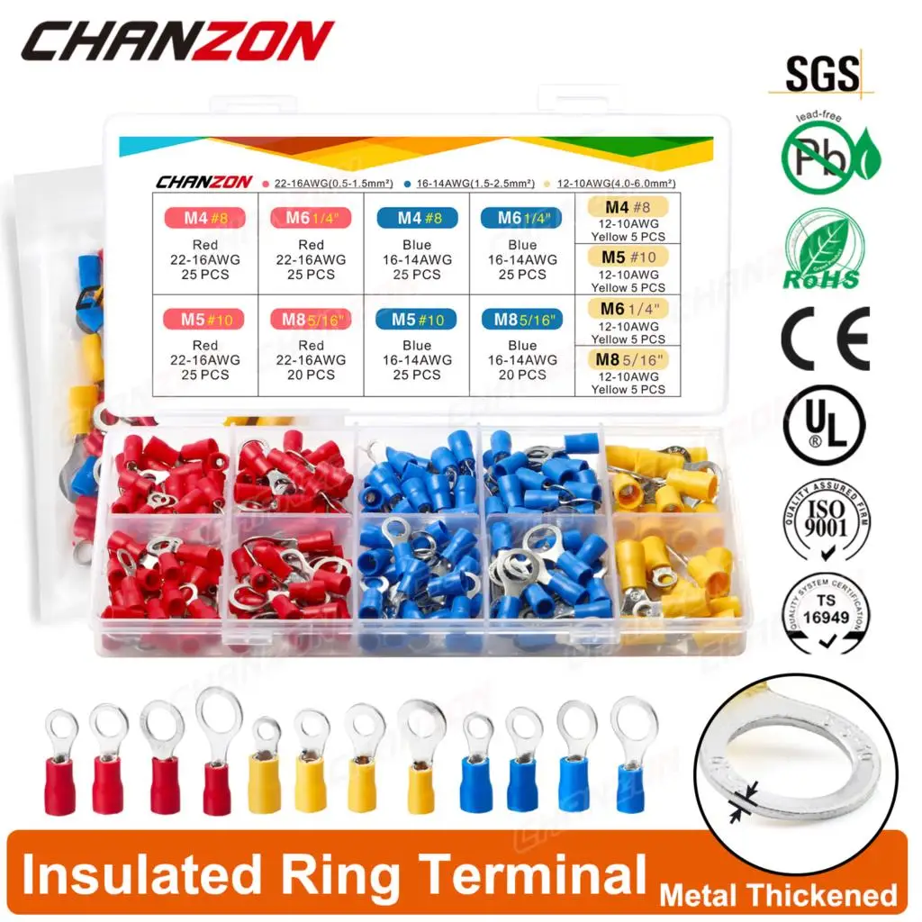 60/210 Uds Rv1.25 Rv2 Rv5 Kit de conectores de Cable de engarzado de anillo aislado Cable de engarzado de cableado eléctrico Terminal de herramienta Rojo Azul Amarillo