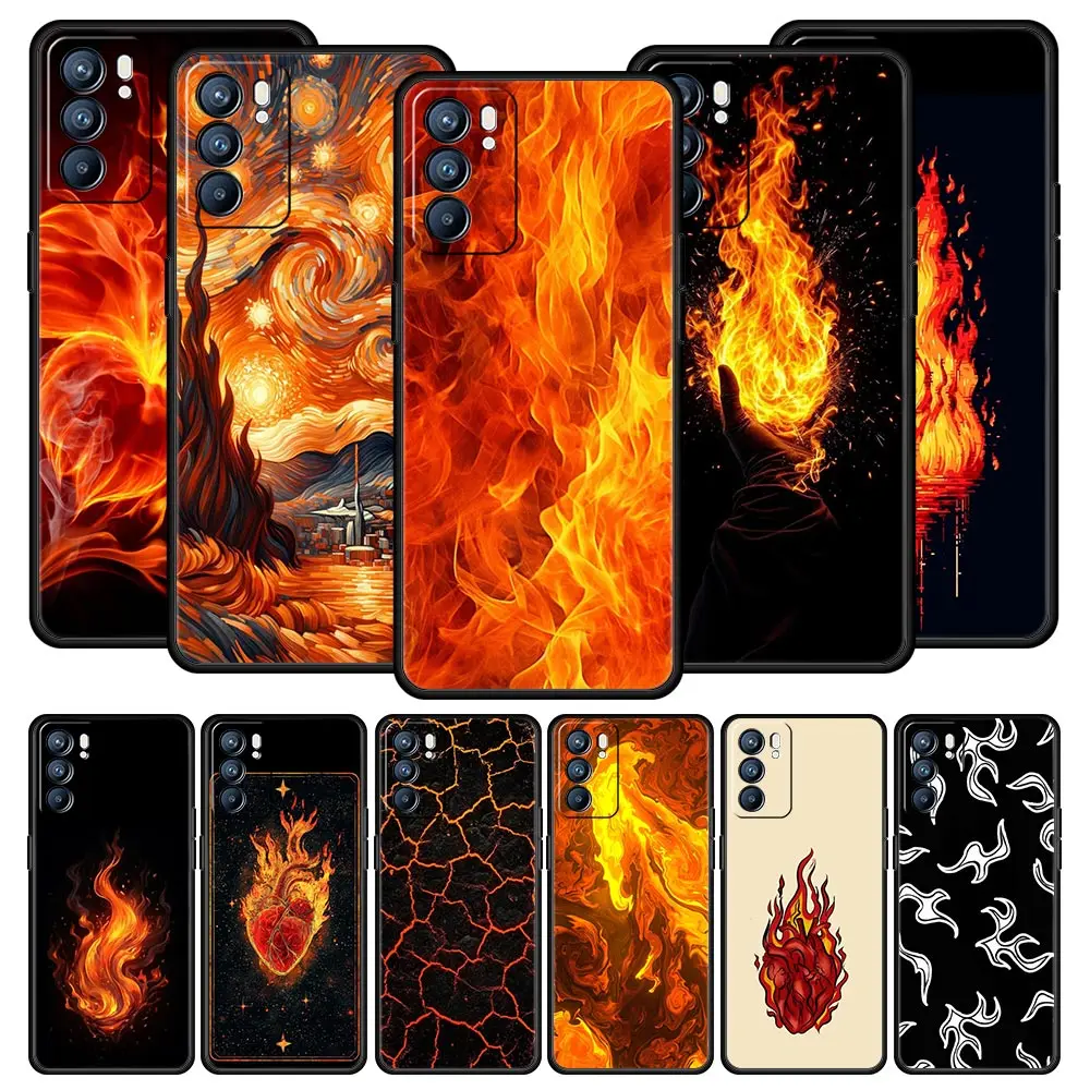 Funda de teléfono con patrón de llama para Oppo Reno14 Reno13 Reno12 11 F 10 Find X5 X9 Pro A54 5G A53 A52 A9 A16 A74 A78 4G A79 A80 A98