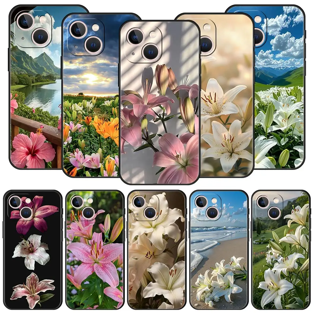 Funda de teléfono de lujo con estampado de flor de lirio realista para iPhone 17 Air 16 Plus 13 15 14 12 11 Pro MAX 7 8 SE, funda negra de TPU suave