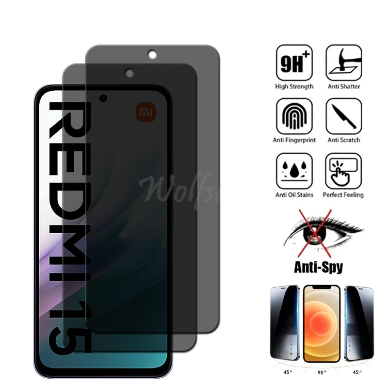 4 Uds Anti espía Protector de pantalla de vidrio para Xiaomi Redmi 15 vidrio privacidad Peep película templada Redmi 15 vidrio templado Redmi 15