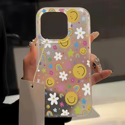 Funda de teléfono con diseño de cara sonriente y flores blancas para iPhone 17 11 16 12 15 Plus 13 14 Pro Max 17Air, funda suave a prueba de golpes