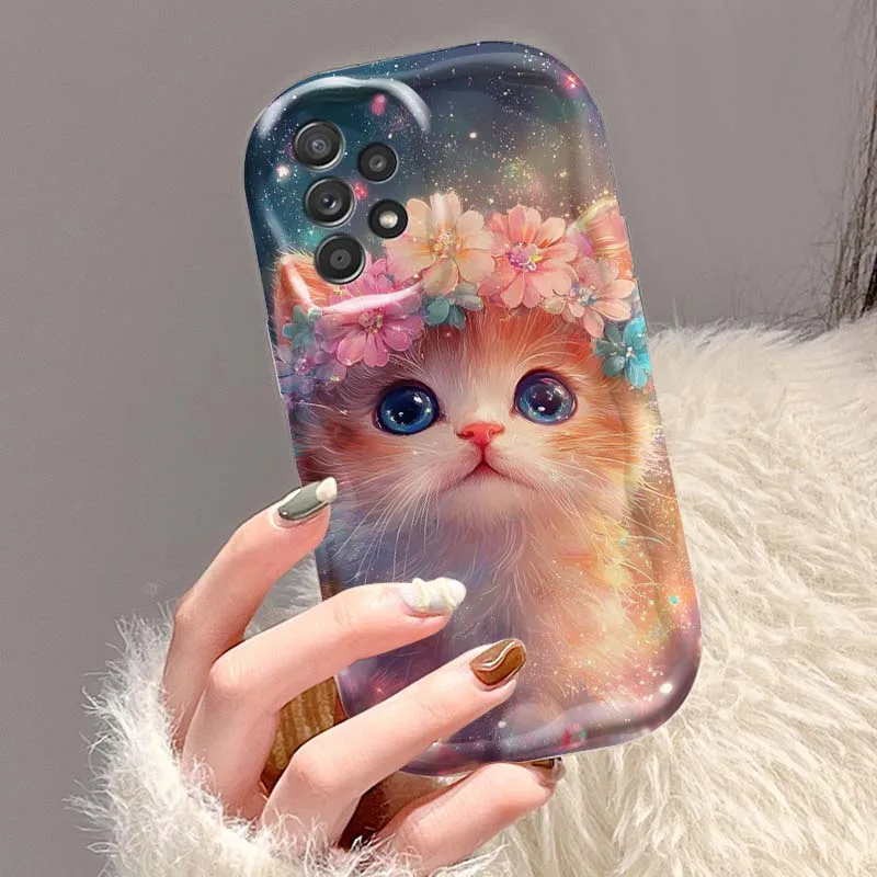 Hermosa funda de teléfono con arte floral de gato para Samsung A73 A72 A71 A56 A55 A54 A53 A52 A51 A32 A36 A26 A25 A13 A14 5G aceite ondulado - imagen 5